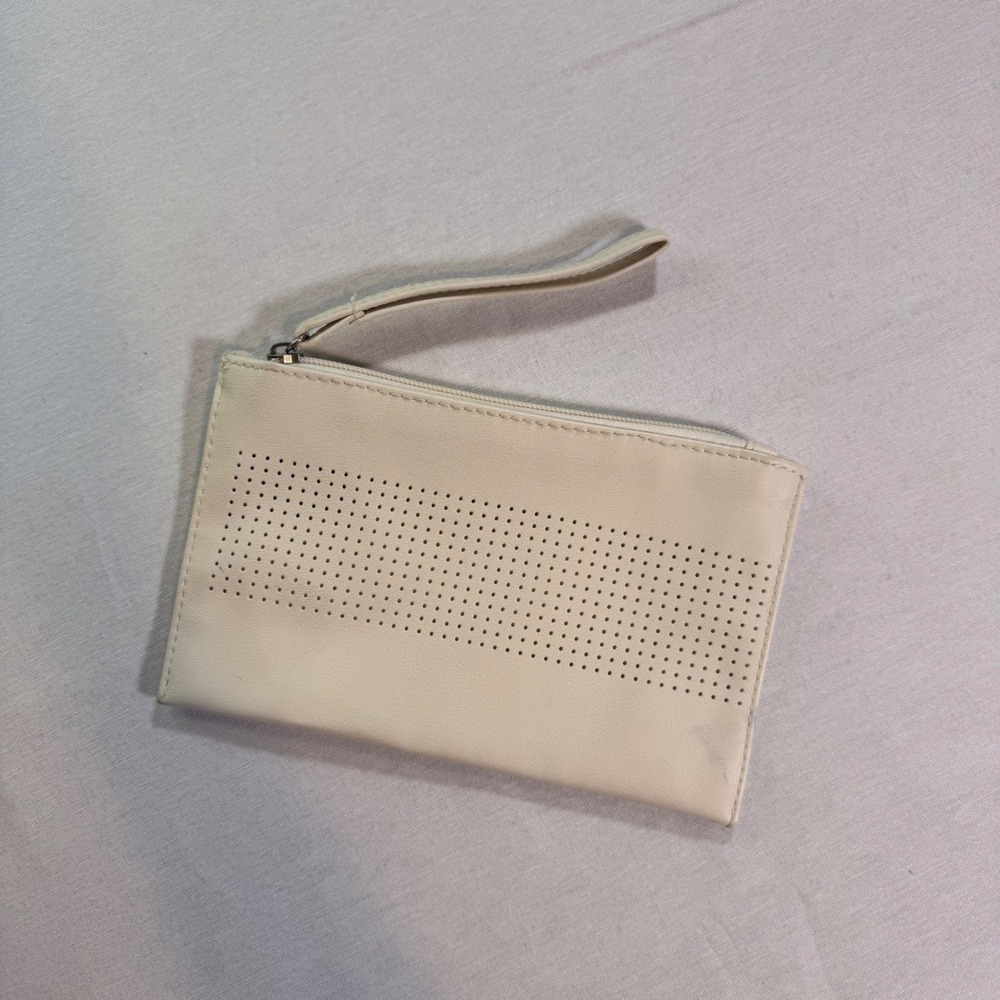 Saks Fifth Avenue Wristlet Pouch Cream 8x5 Vegan Leather Quiet Luxury Minimalist